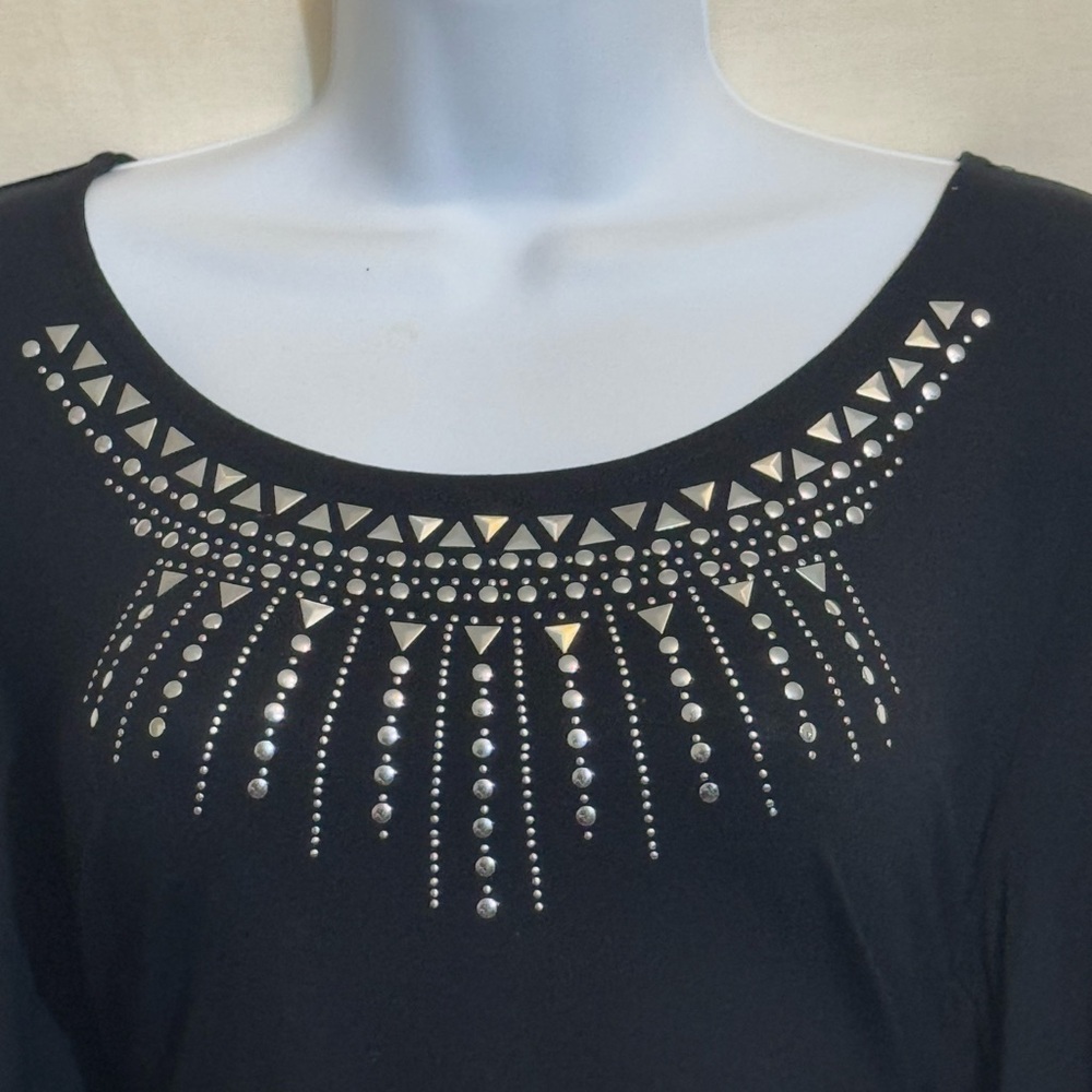 H-161 JM Collection Black Embellished Tie Front Long Sleeve Pullover Blouse - Picture 5 of 14